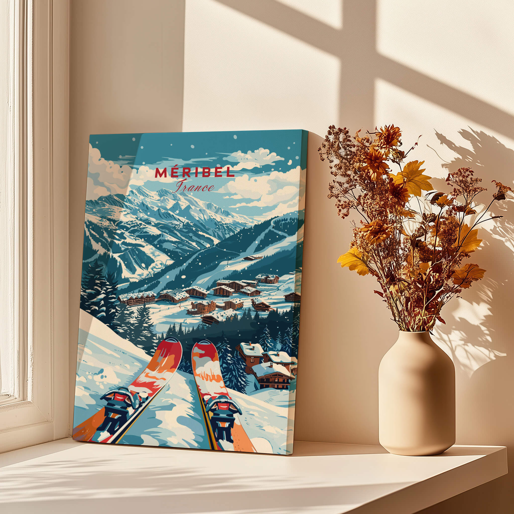 Meribel Ski Poster - France displayed near a window with flowers, showcasing alpine views and winter charm.