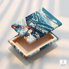 Meribel Ski Poster - France displayed on a decorative box featuring snowy mountains and vibrant ski imagery.