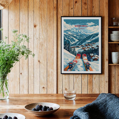 Meribel Ski Poster - France displayed in a cozy interior, showcasing snowy mountains and vibrant ski culture.