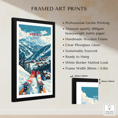 Meribel Ski Poster - France framed art print showcasing snowy mountains and ski slopes in Méribel, France.