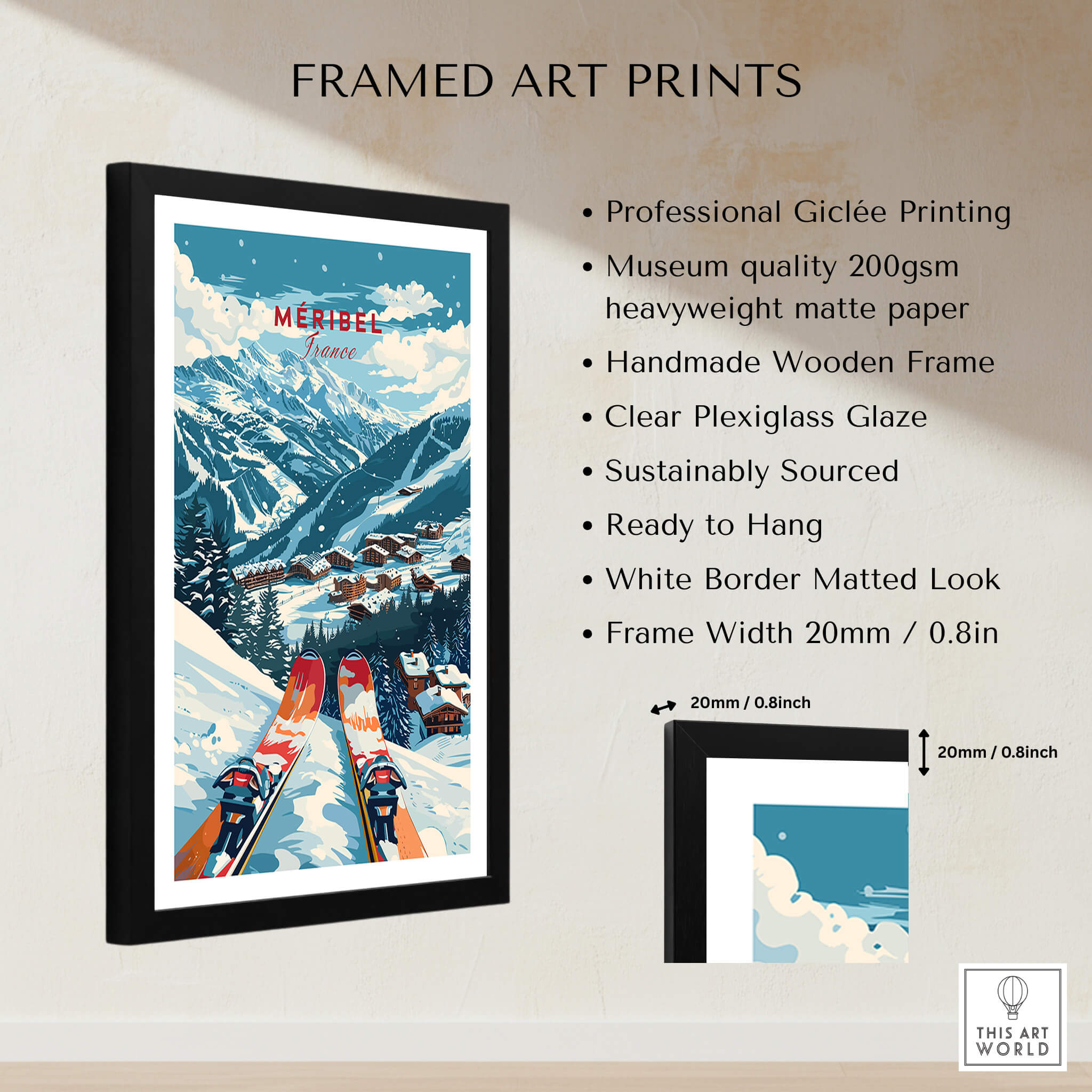 Meribel Ski Poster - France framed art print showcasing snowy mountains and ski slopes in Méribel, France.