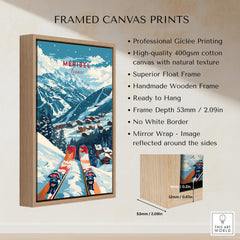 Meribel Ski Poster - France framed canvas print showcasing the alpine beauty of Méribel with snow-covered slopes.