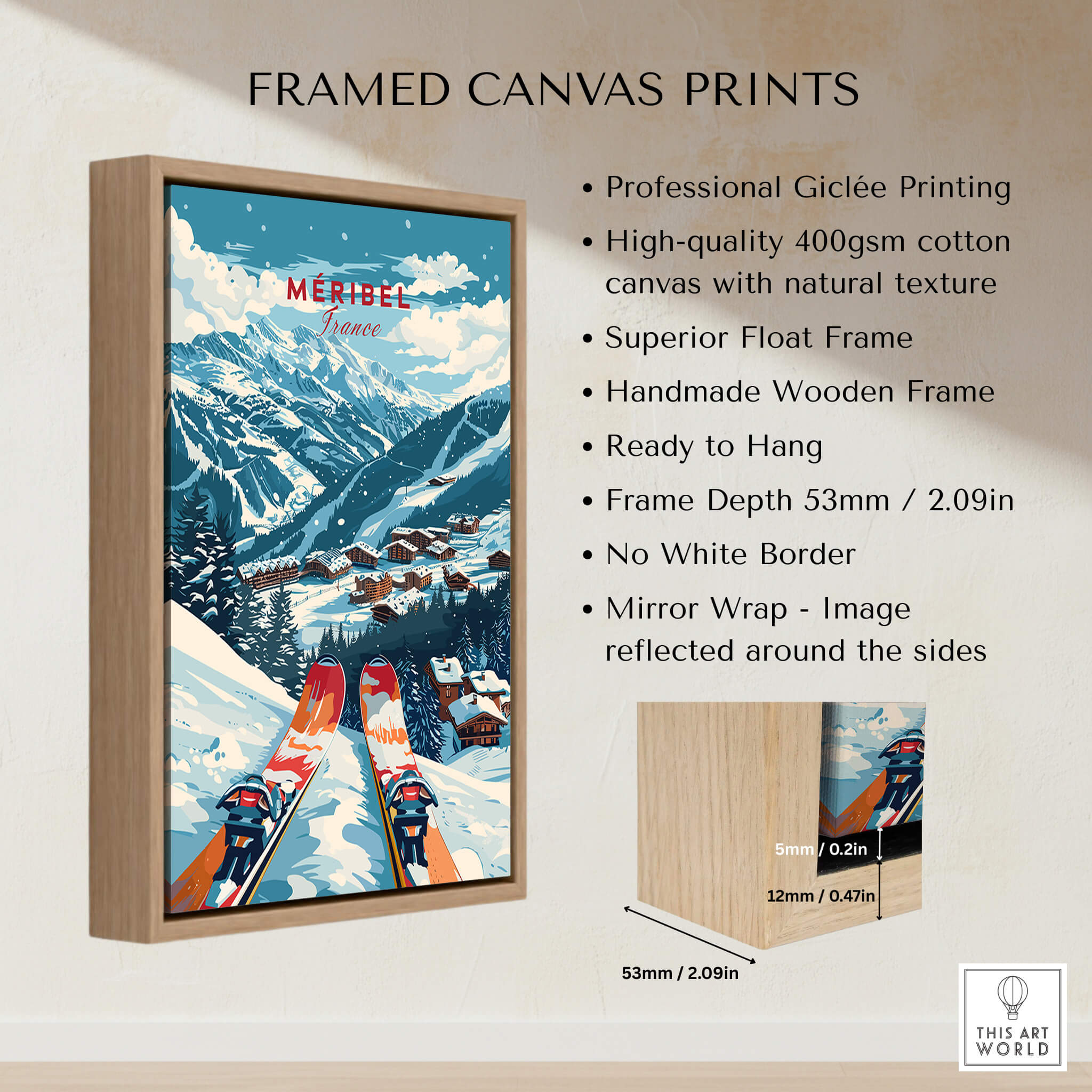 Meribel Ski Poster - France framed canvas print showcasing the alpine beauty of Méribel with snow-covered slopes.