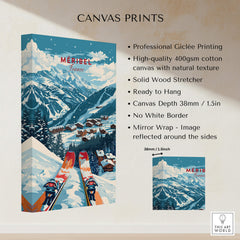 Meribel Ski Poster - France featuring vibrant alpine scenery and skiers on the slopes, ready to hang art print.