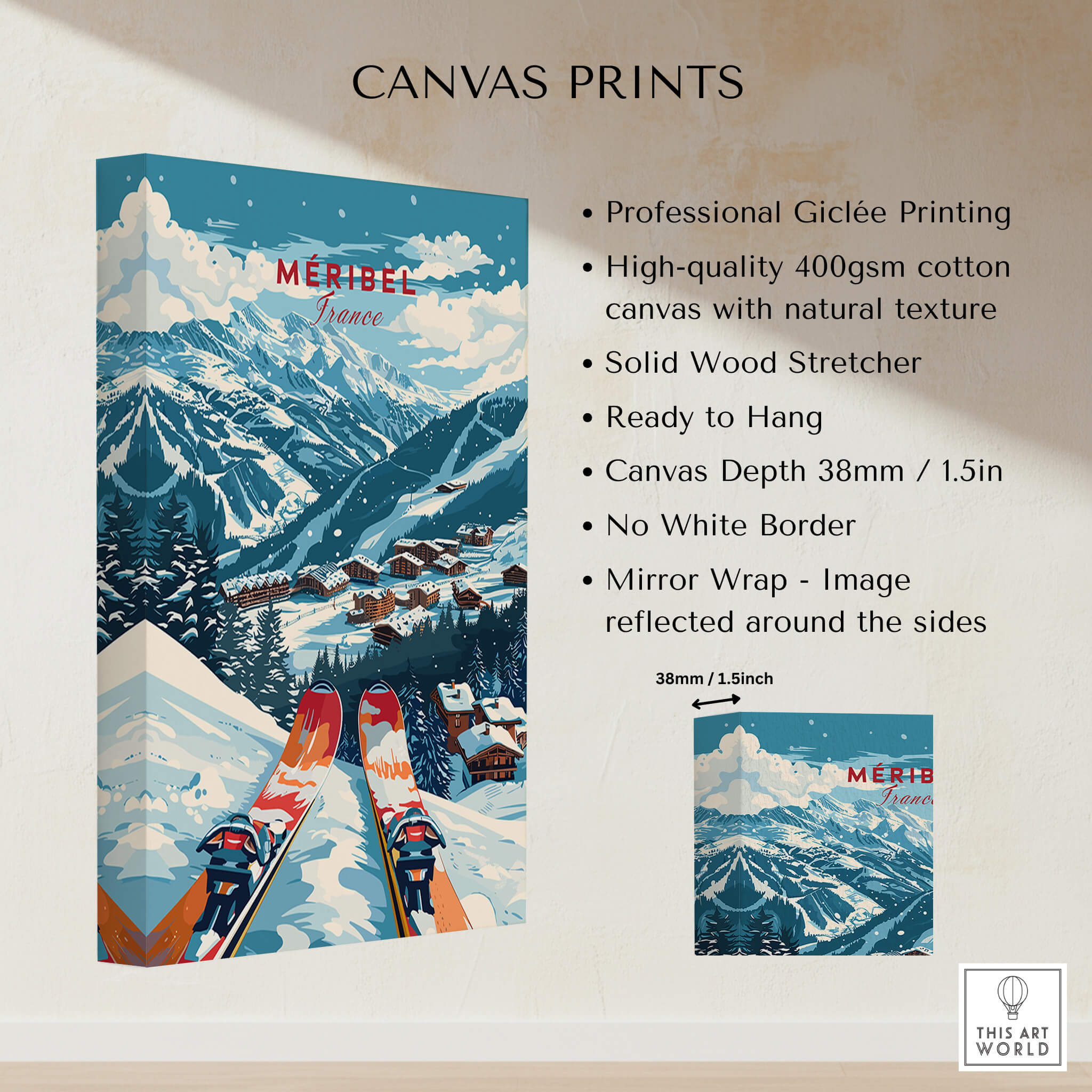 Meribel Ski Poster - France featuring vibrant alpine scenery and skiers on the slopes, ready to hang art print.