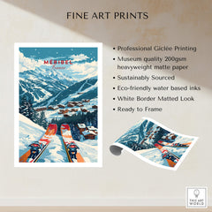 Meribel Ski Poster - France showcasing a vibrant ski scene with majestic mountains and colorful skiers.