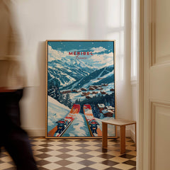 Meribel Ski Poster - France displayed in a cozy interior, showcasing the scenic alpine landscape of Méribel, France.