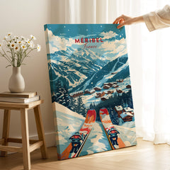 Meribel Ski Poster -  France showcasing a stunning alpine landscape with skiers and snowy peaks.