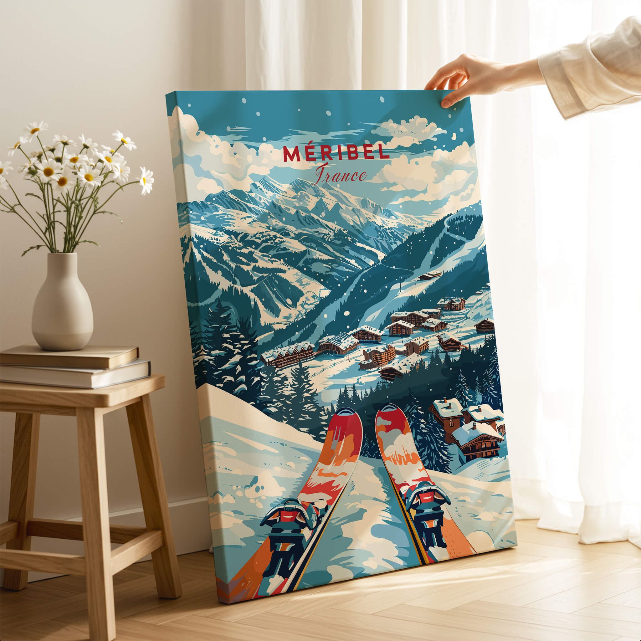 Meribel Ski Poster -  France showcasing a stunning alpine landscape with skiers and snowy peaks.
