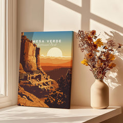 Mesa Verde National Park art print on windowsill with vase of dried flowers, sunlight, home decor