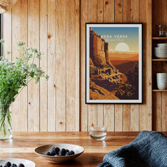 Mesa Verde National Park art print with sunset landscape, framed on wooden kitchen wall