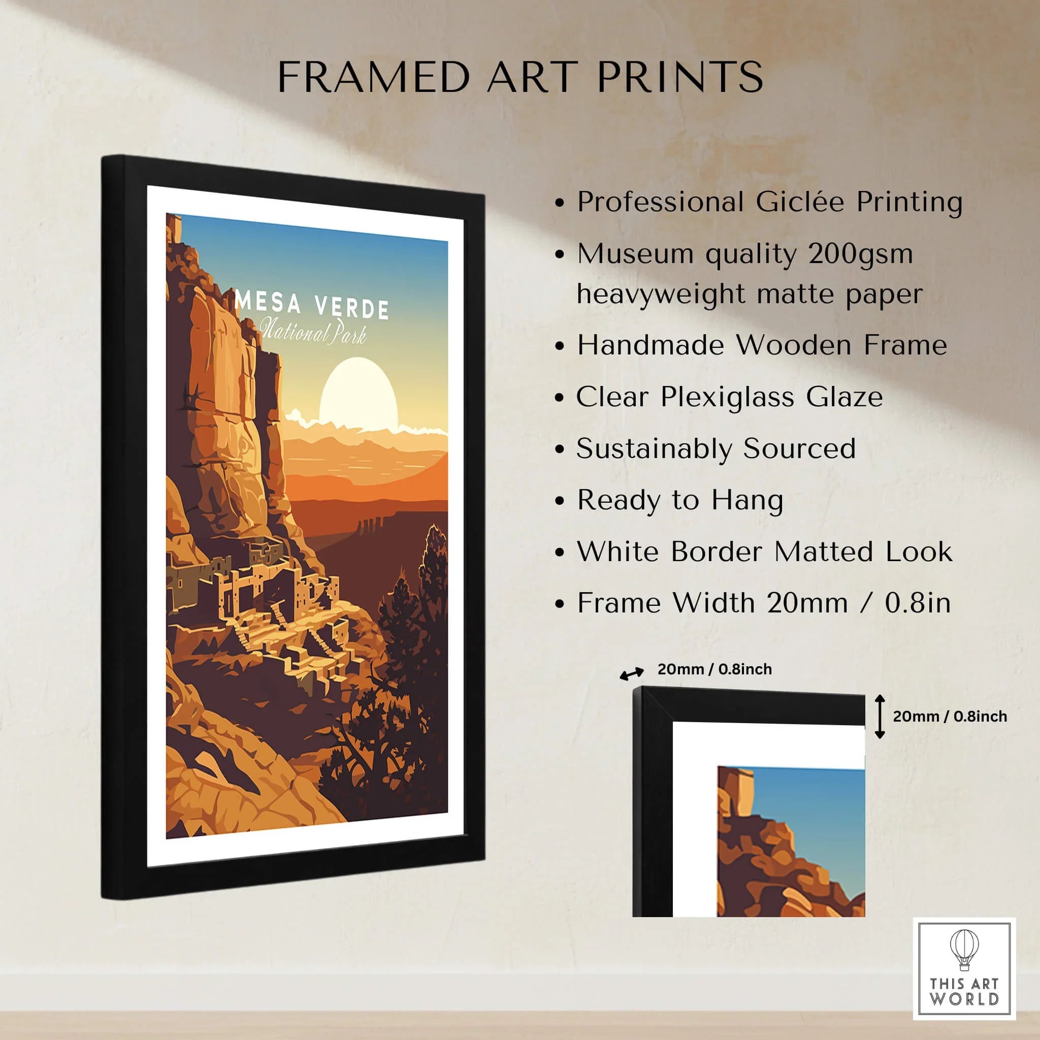Framed Mesa Verde National Park travel poster print with listed frame and quality details.