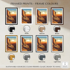 Mesa Verde National Park travel poster print with eight frame color options, sunset landscape.