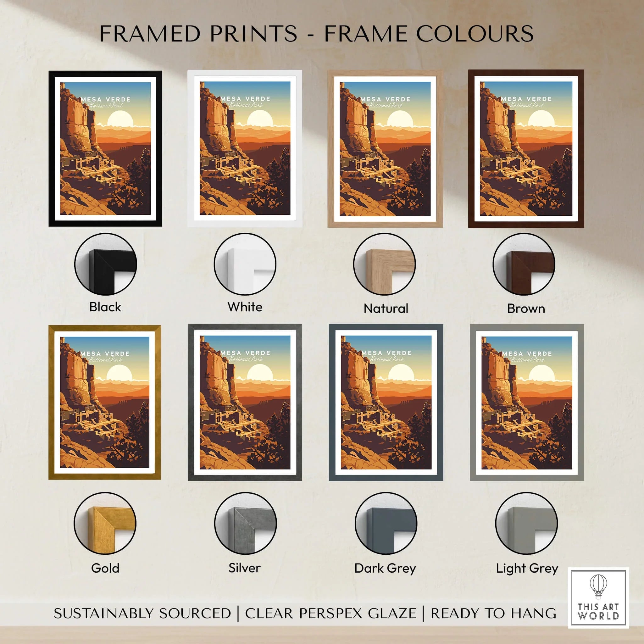 Mesa Verde National Park travel poster print with eight frame color options, sunset landscape.