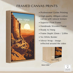 Framed canvas print of Mesa Verde National Park cliff dwellings with sunset and wood float frame