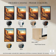 Mesa Verde National Park framed canvas wall art with six frame color options: black, white, natural, brown, gold, silver.