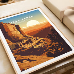 Mesa Verde National Park framed art print with sunset cliffs and ancient ruins, unwrapped gift