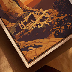 Mesa Verde National Park poster closeup on framed canvas with cliff dwellings in earthy tones