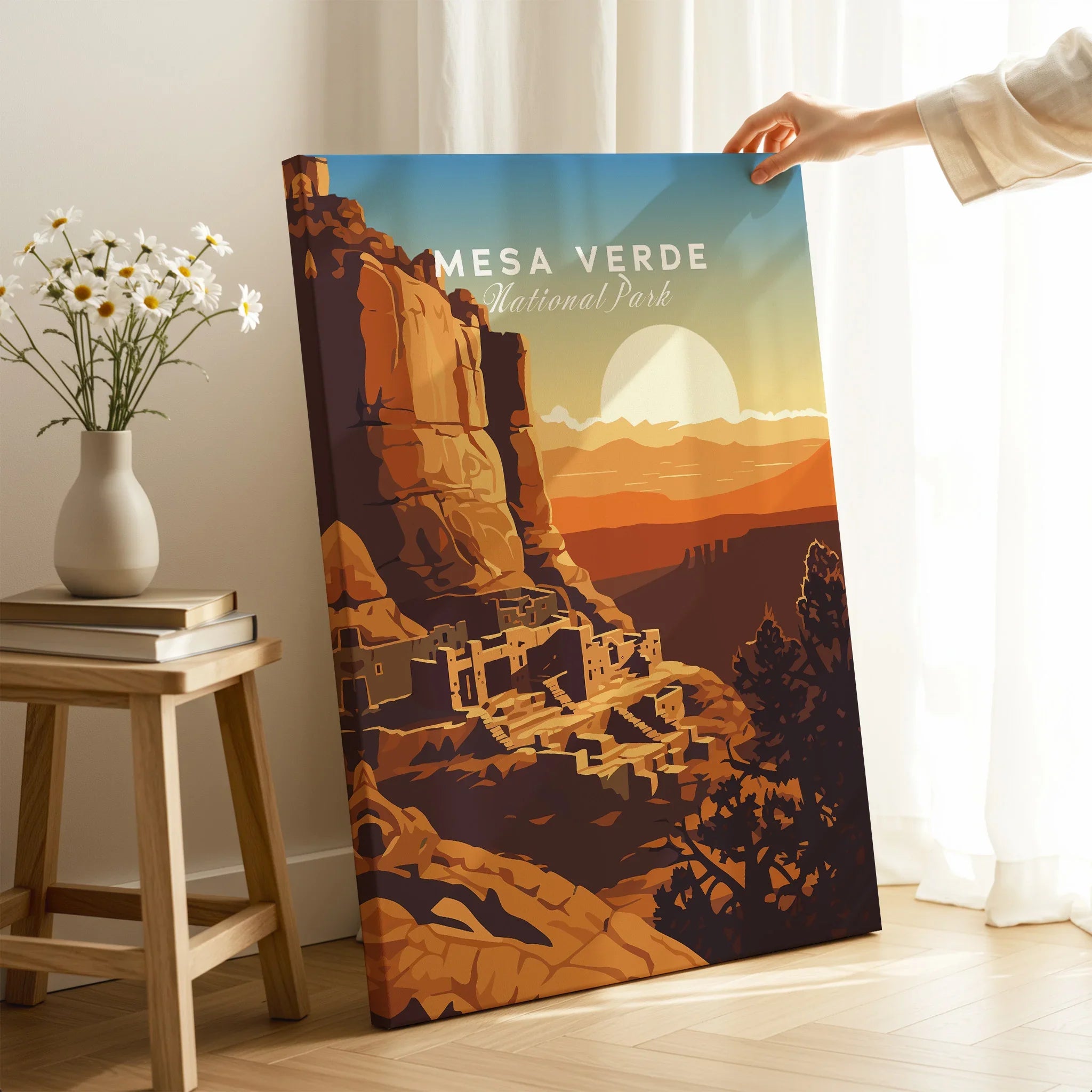 Mesa Verde National Park canvas print with cliff dwellings and sunset, hand holding art in modern room.