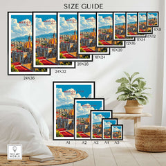 Mexico City Art Print - Cityscape Wall Poster size guide featuring various frame sizes and Mexico City skyline.