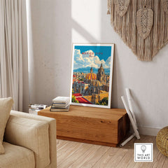 Mexico City Art Print - Cityscape Wall Poster displayed in a cozy living room setting with wooden decor.