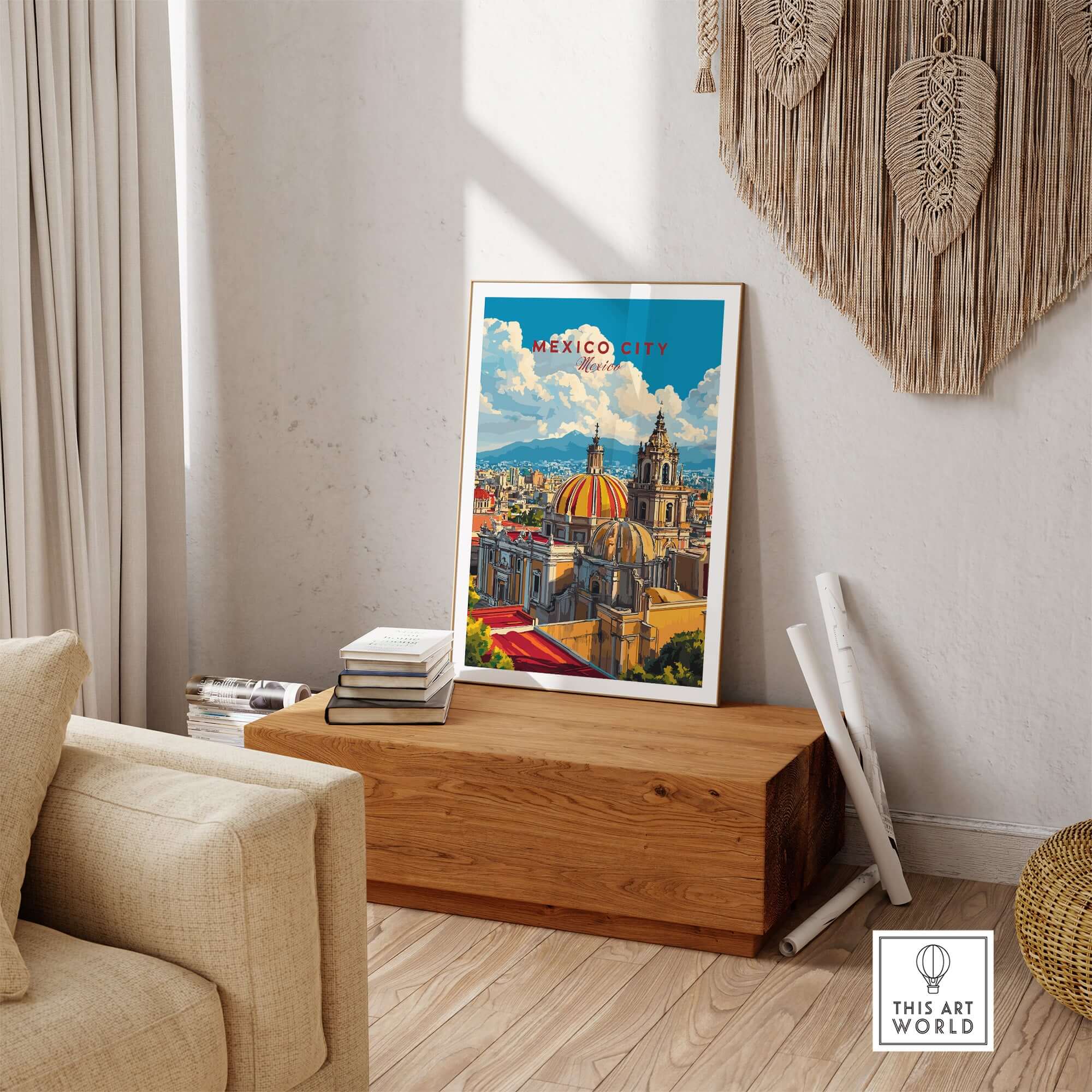 Mexico City Art Print - Cityscape Wall Poster displayed in a cozy living room setting with wooden decor.