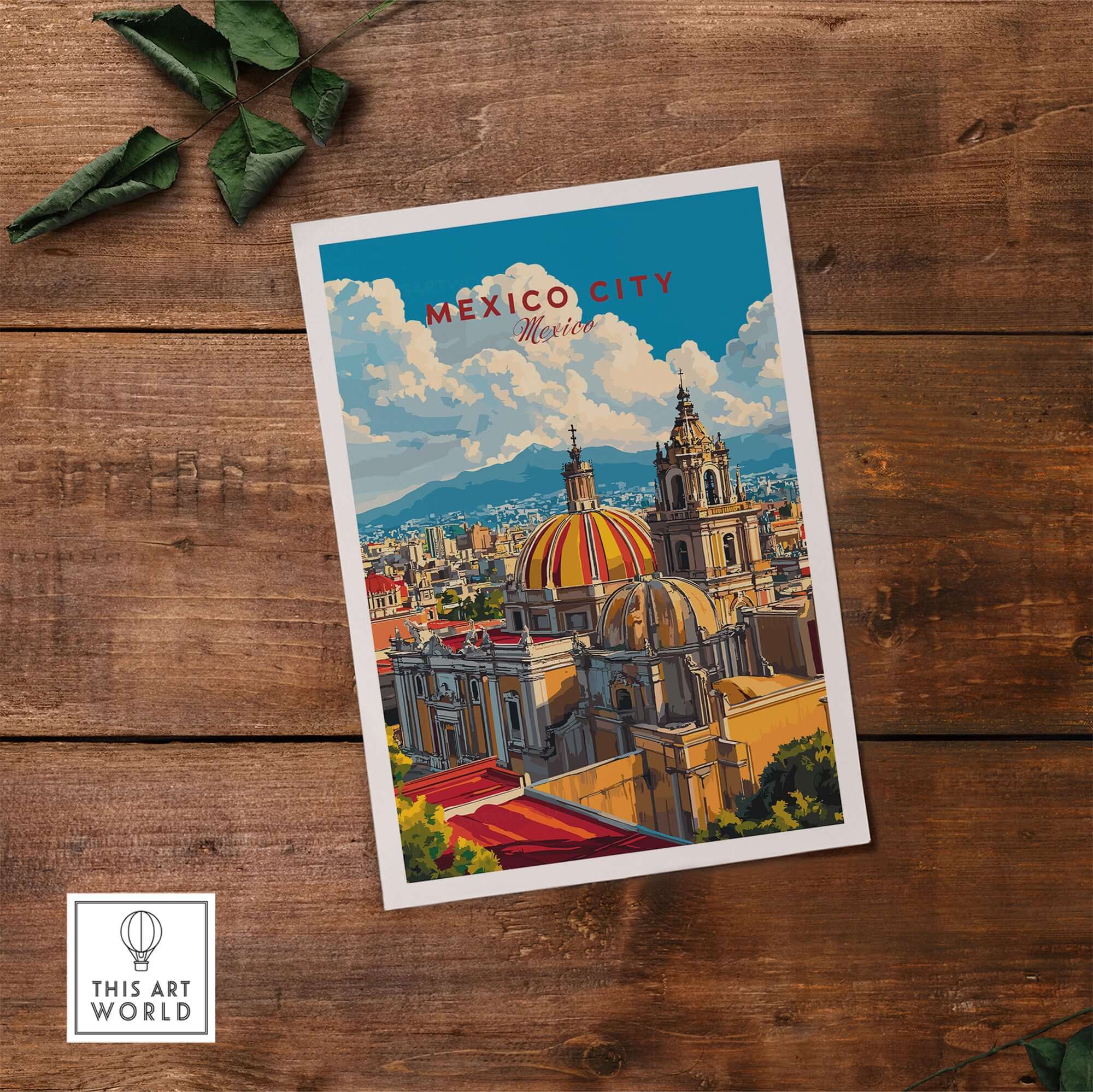 Mexico City Art Print - Cityscape Wall Poster featuring colorful buildings and Colonial Cathedral