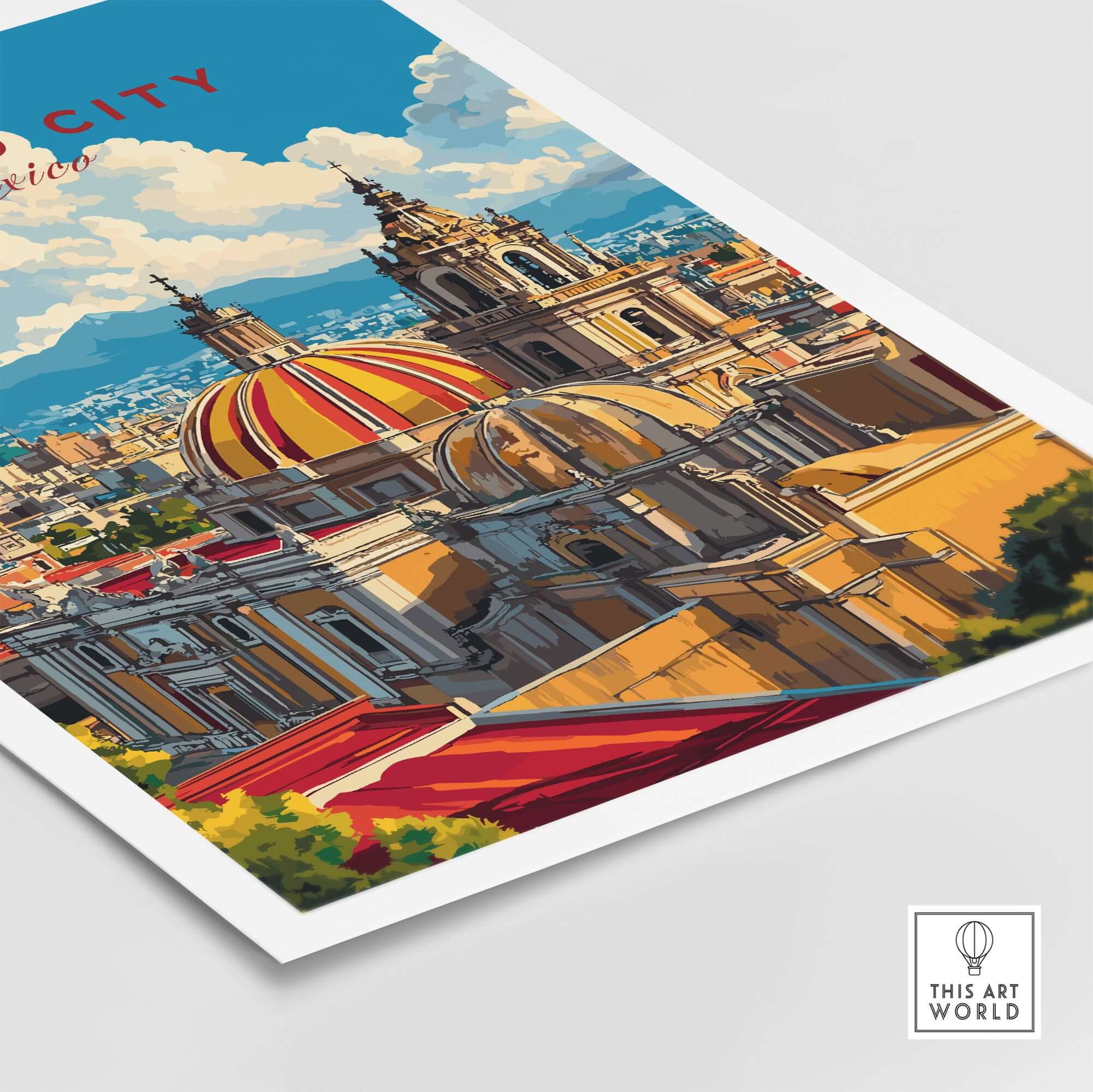 Mexico City Art Print - Cityscape Wall Poster featuring aerial view of colorful buildings and Colonial Cathedral.