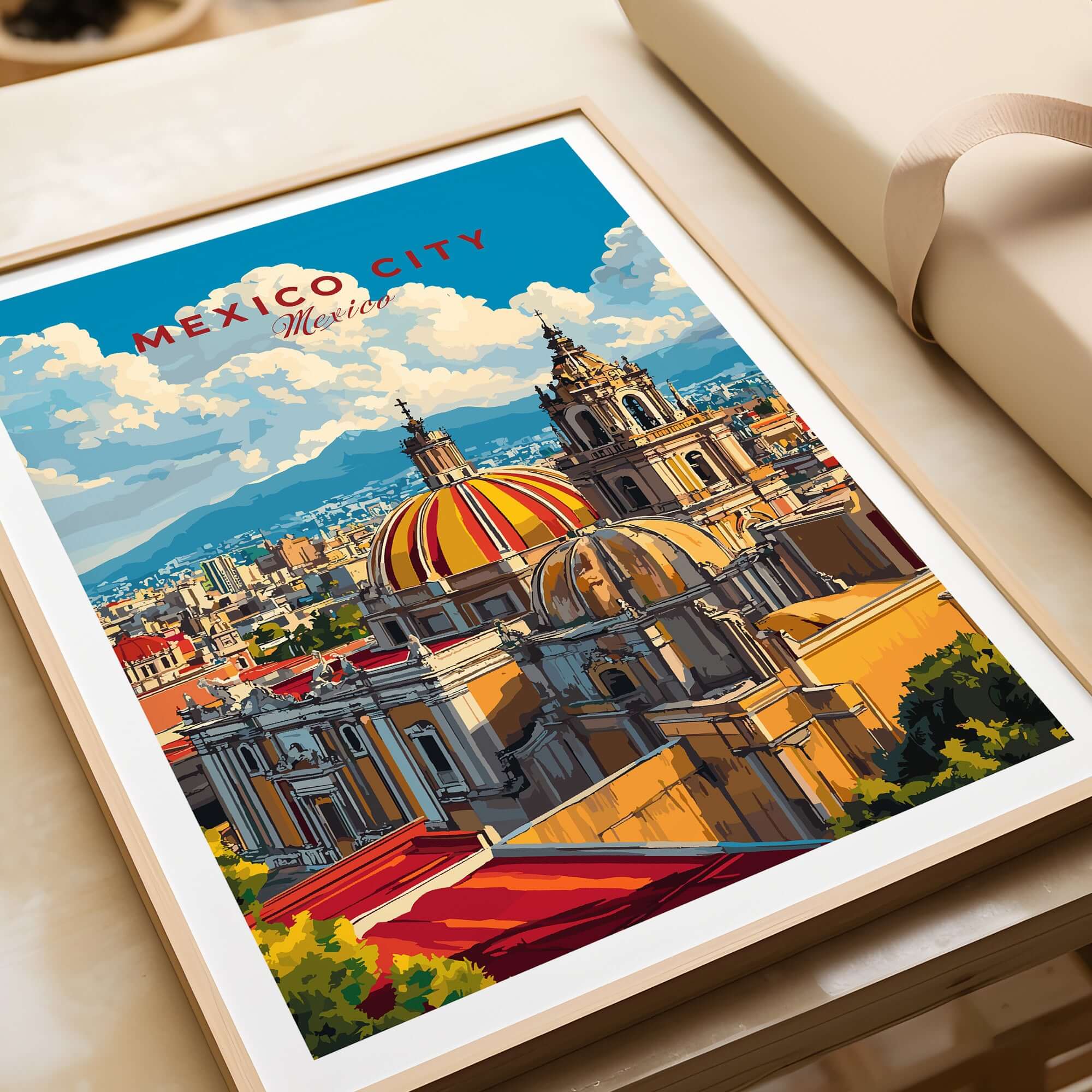 Mexico City Art Print - Cityscape Wall Poster showcasing vibrant buildings and rooftops in a colorful aerial view.