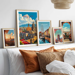 Mexico City Art Print - Cityscape Wall Poster displayed among other city art prints on a cozy sofa.