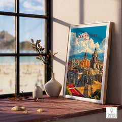 Mexico City Art Print - Cityscape Wall Poster displayed on a wooden table with a beautiful view outside.