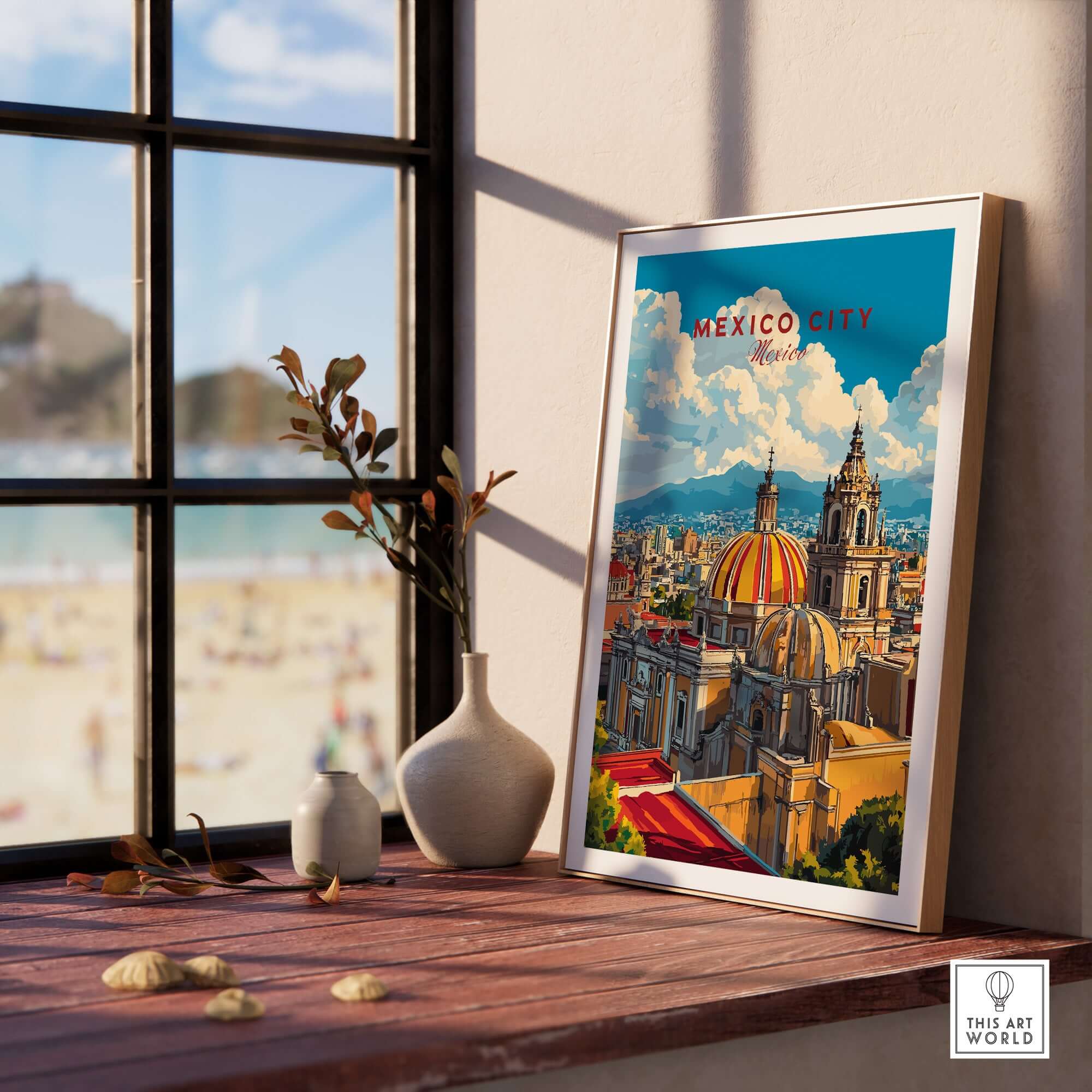 Mexico City Art Print - Cityscape Wall Poster displayed on a wooden table with a beautiful view outside.