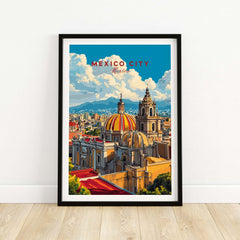 Mexico City Art Print - Cityscape Wall Poster featuring colorful buildings and Colonial Cathedral.