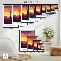 Mexico City Travel Poster - El Ángel size guide showcasing various poster sizes and design options.