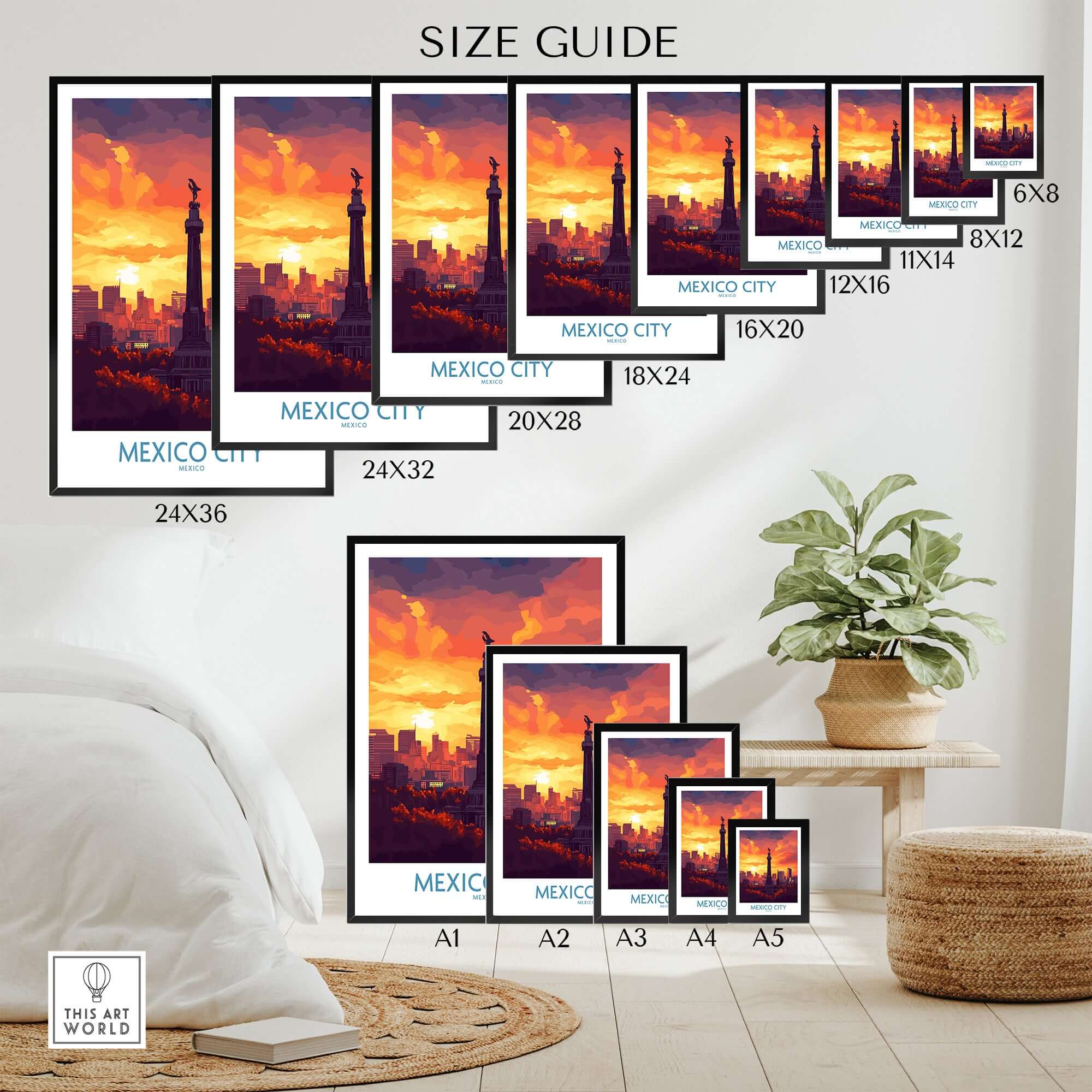 Mexico City Travel Poster - El Ángel size guide showcasing various poster sizes and design options.
