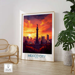 Mexico City Travel Poster - El Ángel showcasing the iconic Angel of Independence against a vibrant sunset.