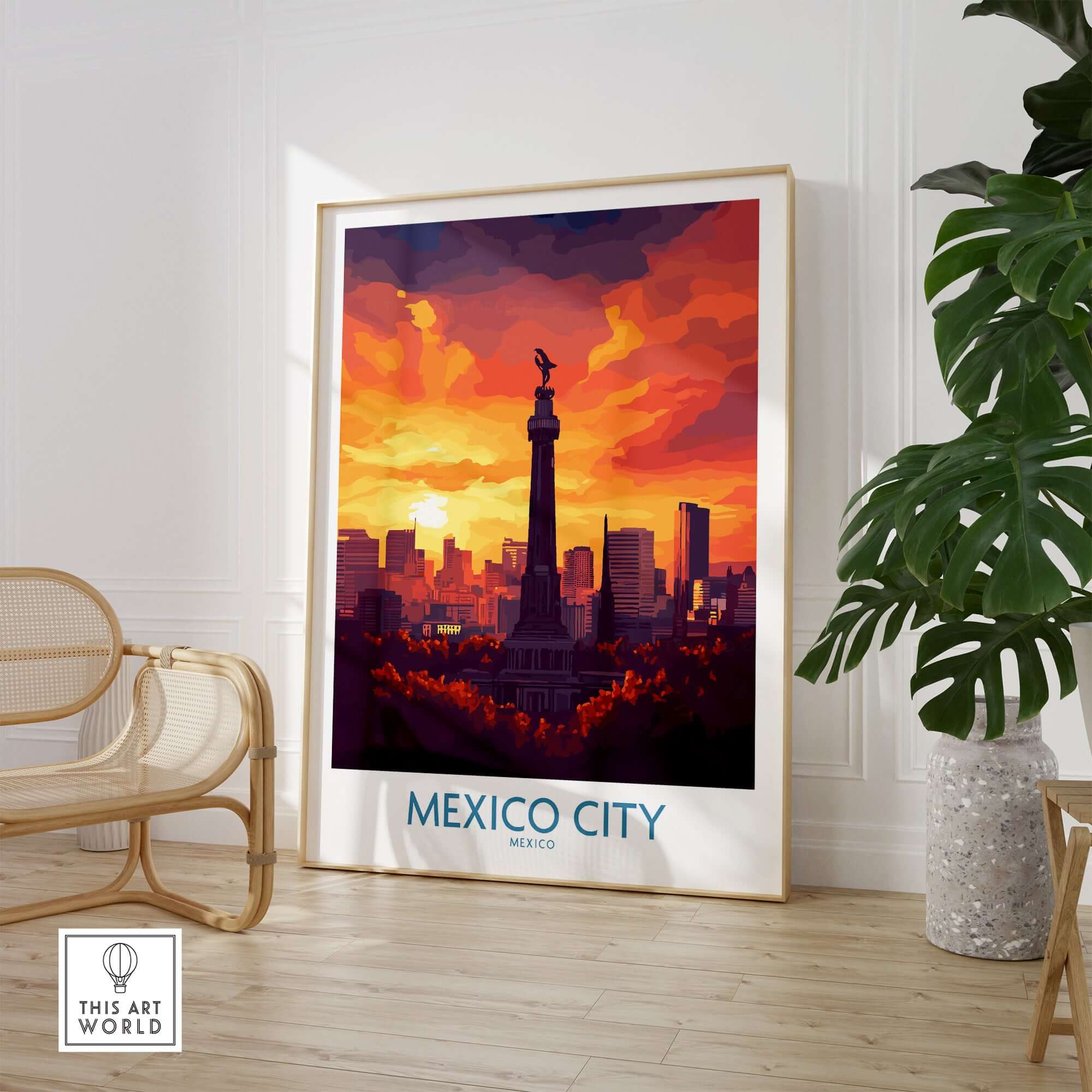 Mexico City Travel Poster - El Ángel showcasing the iconic Angel of Independence against a vibrant sunset.