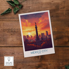 Mexico City Travel Poster - El Ángel, featuring vibrant sunset over the Angel of Independence monument.