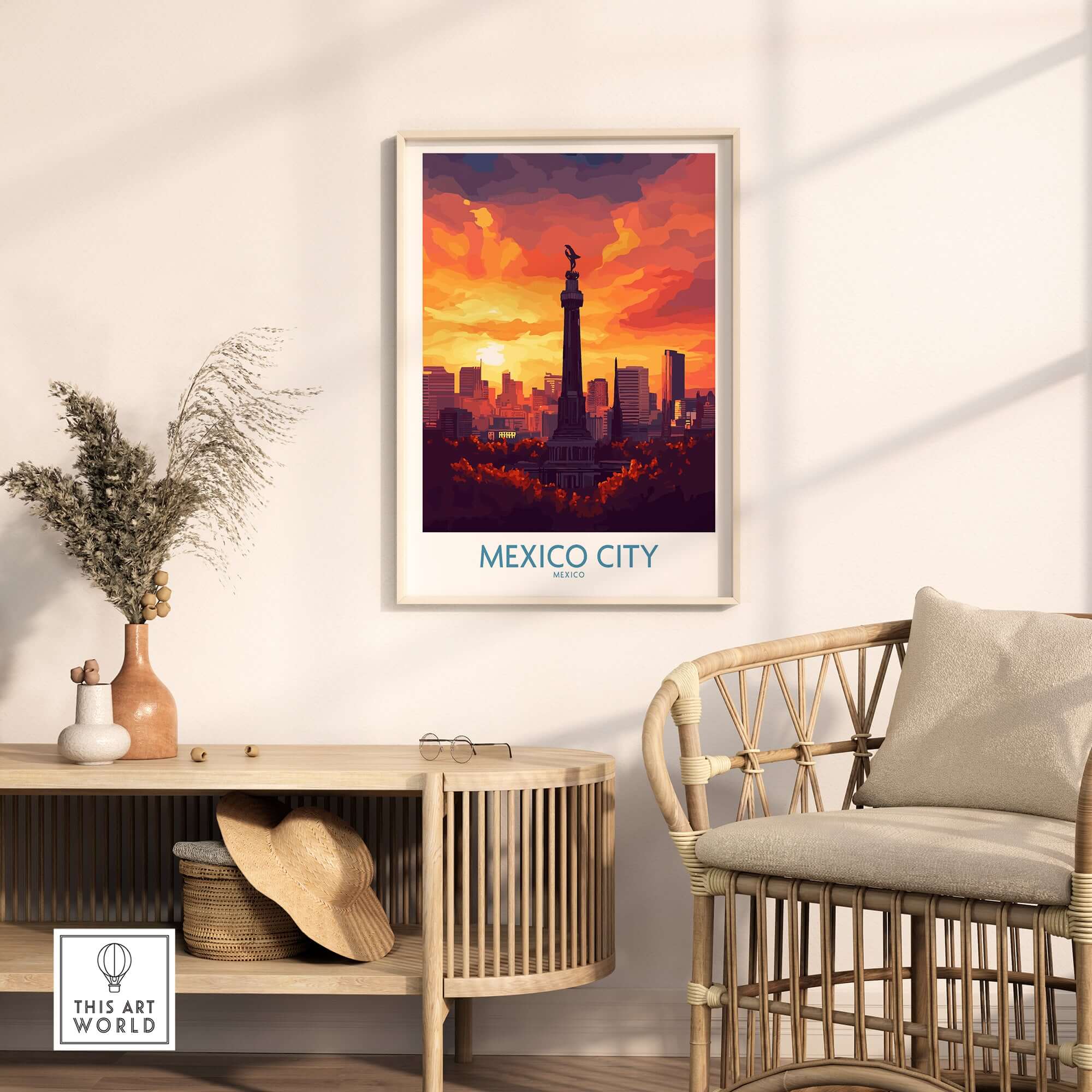 Mexico City Travel Poster - El Ángel featuring the iconic Angel of Independence monument in a colorful sunset.