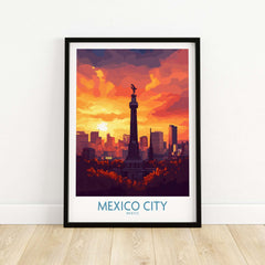 Mexico City Travel Poster - El Ángel featuring the Angel of Independence at sunset.