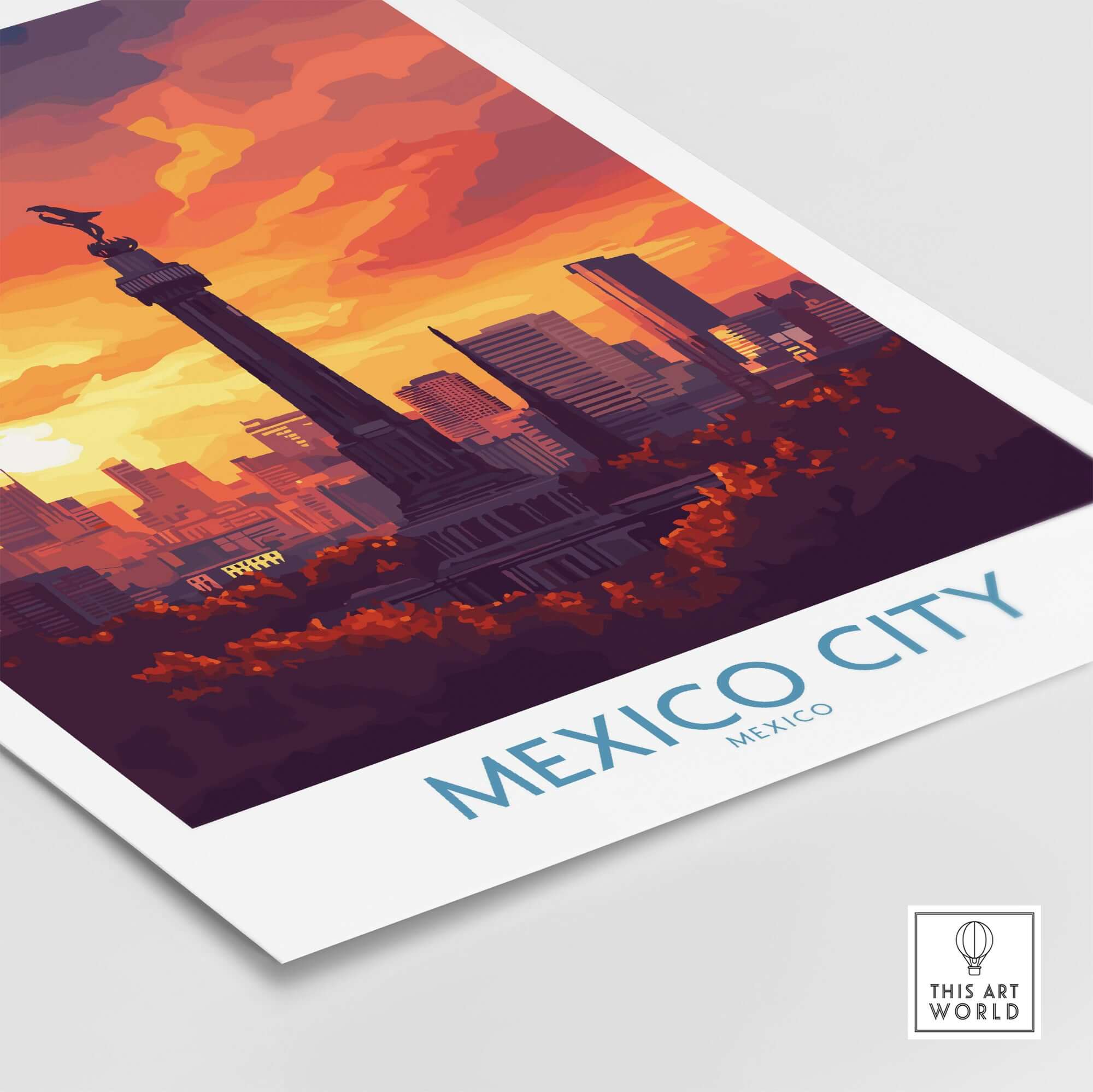 Mexico City Travel Poster - El Ángel featuring the Angel of Independence against a vibrant sunset backdrop.