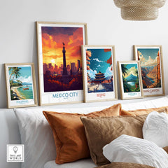 Mexico City Travel Poster - El Ángel displayed among other travel posters on a stylish interior wall.