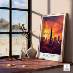 Mexico City Travel Poster - El Ángel displayed on a table with a scenic view, showcasing the vibrant colors and iconic monument.