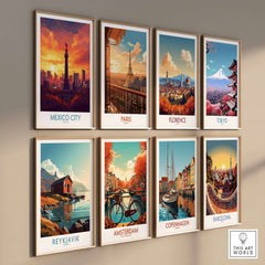 Mexico City Travel Poster - El Ángel among various city travel posters on a wall, showcasing vibrant designs.