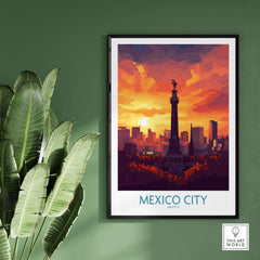 Mexico City Travel Poster - El Ángel featuring the iconic Angel of Independence monument against a colorful sunset.