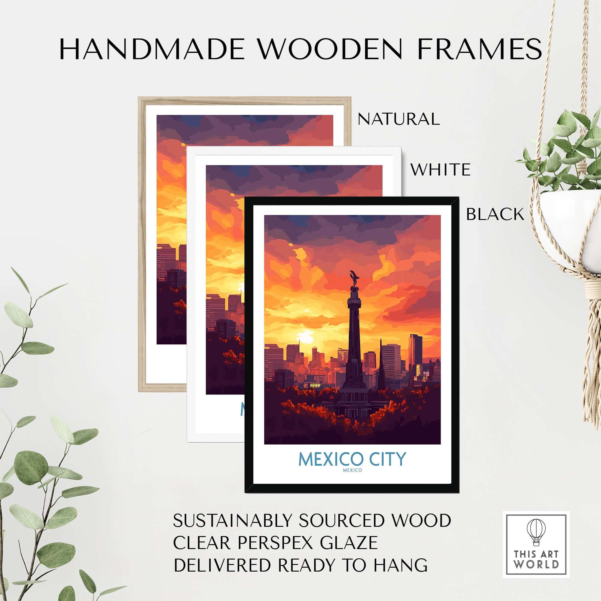 Mexico City Travel Poster - El Ángel in handmade wooden frames, showcasing vibrant sunset colors.