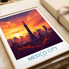 Mexico City Travel Poster - El Ángel featuring the Angel of Independence monument at sunset.