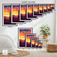 Mexico City Travel Print - El Ángel size guide with various frame dimensions displayed.
