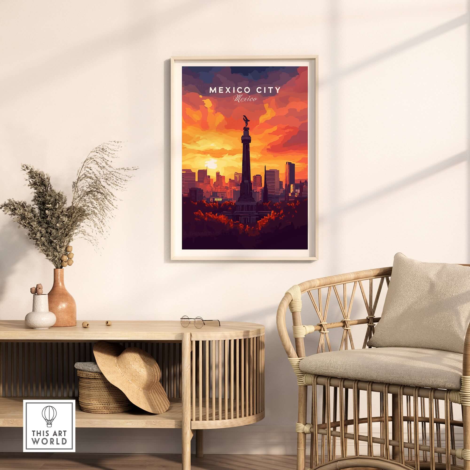 Mexico City Travel Print - El Ángel featuring the iconic El Ángel monument at sunset in a stylish room setting.