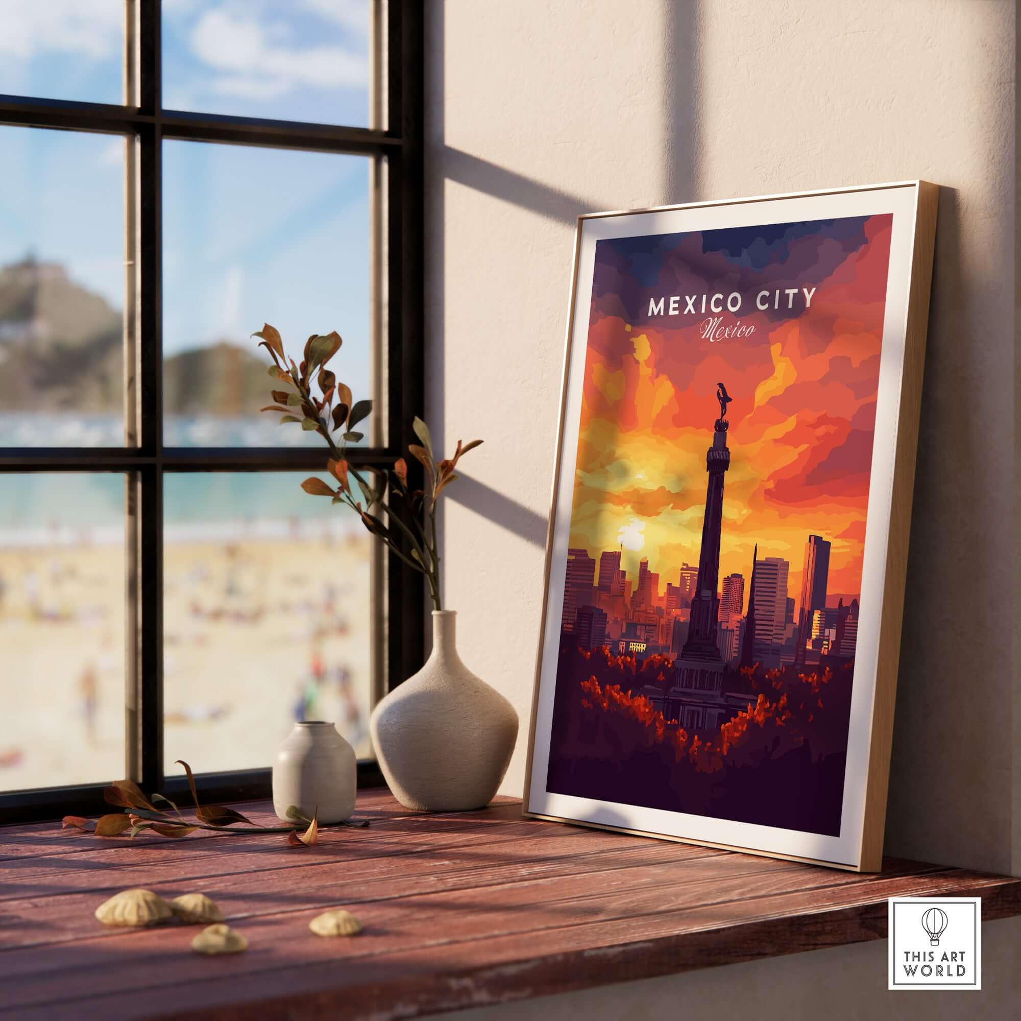 Mexico City Travel Print - El Ángel displayed in a modern interior with sunset backdrop.